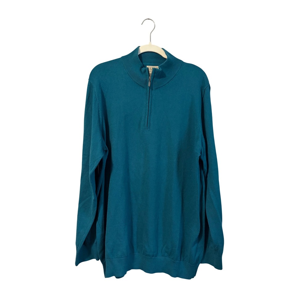 LL Bean Mens Quarter Zip Sweater Pullover Teal Blue XL Tall Cotton Blend Casual